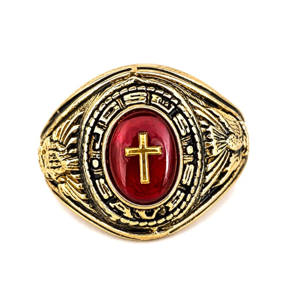 Vintage 1970s Ring Size 5 Jesus Saves 18K Gold Plate Red Cabochon Cross - 14N